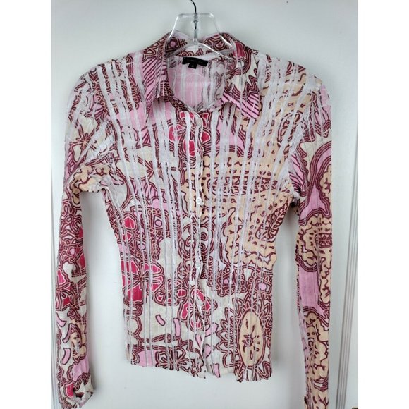 Komarov Plisse Pleated Crinkle Texture Blouse Button Floral Soft Pinks SZ SMALL - Picture 1 of 8